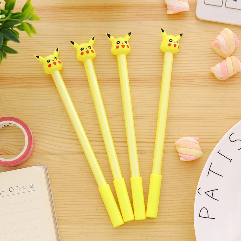 Set of yellow Pikachu-head gel pens with black ink, cute plastic cartoon toppers