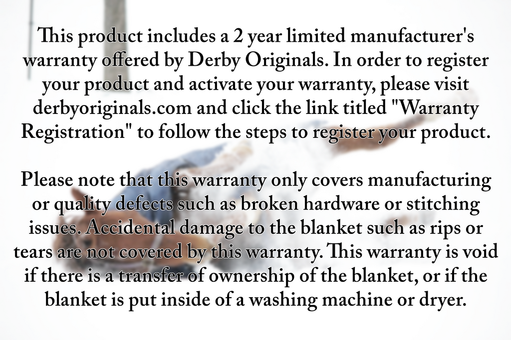 Warranty registration and coverage text for a Derby Originals turnout blanket