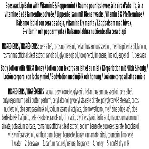 Printed ingredients text for lip balm and milk & honey body lotion on white background