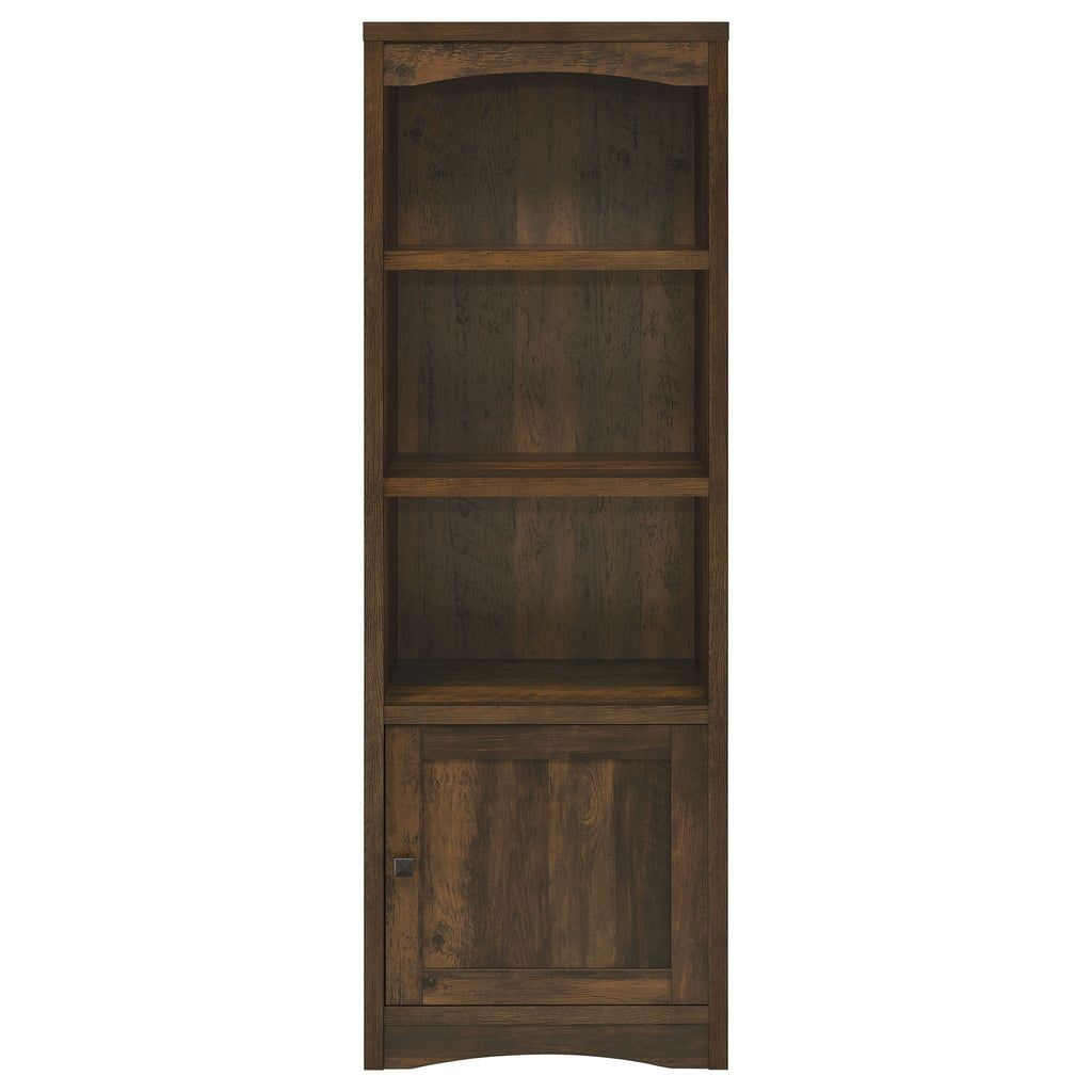 Dark pine media tower front panel with arched upper shelf and bottom cabinet