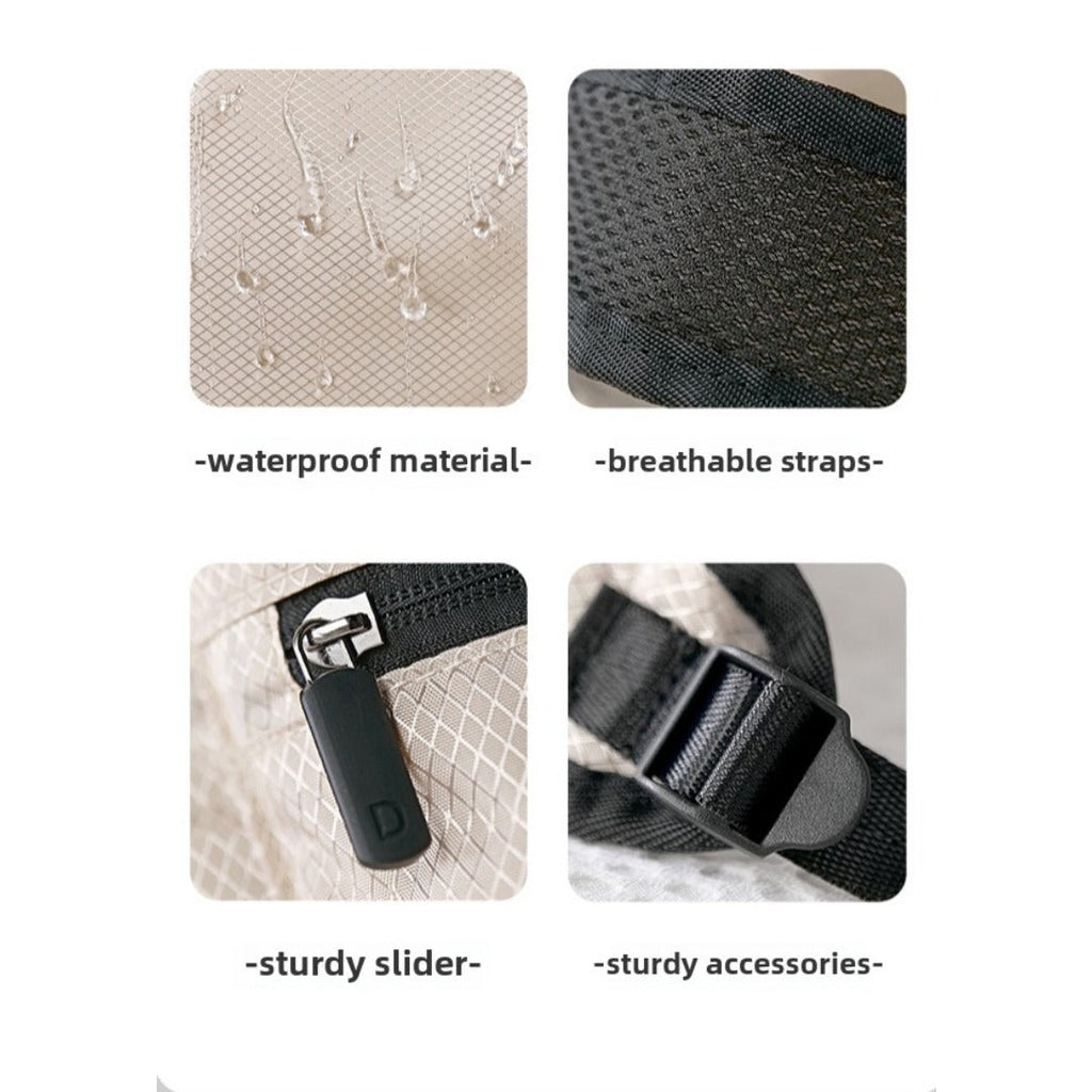 Foldable backpack detail: textured fabric and sturdy strap buckle with adjustable webbing.
