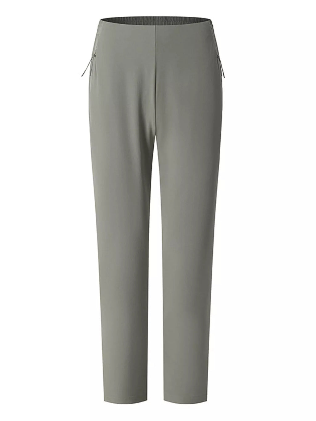 Straight-leg casual pants in muted gray-green with waistband drawstring