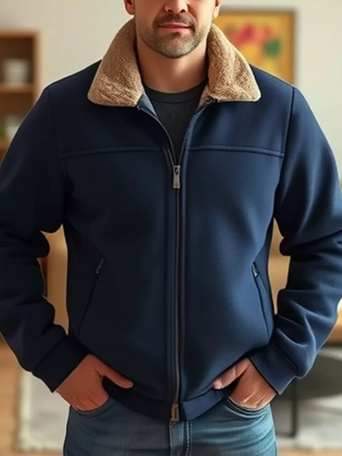 Men's plus-size zip-up fleece jacket, dark blue with tan sherpa collar and lining.