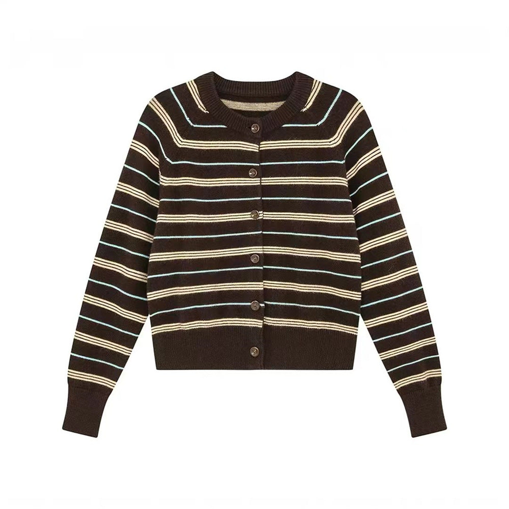 Brown striped cardigan sweater with button front, long sleeves, contrasting cream stripes