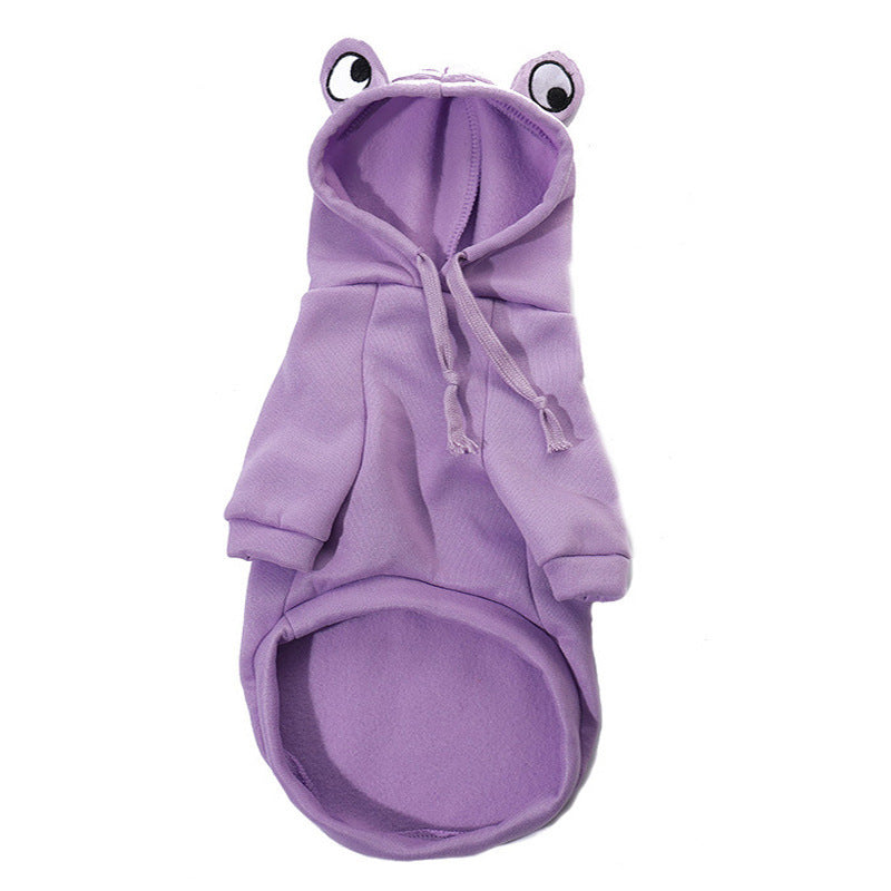 Purple frog pet hoodie with hood eyes, front white drawstrings, and padded belly pocket