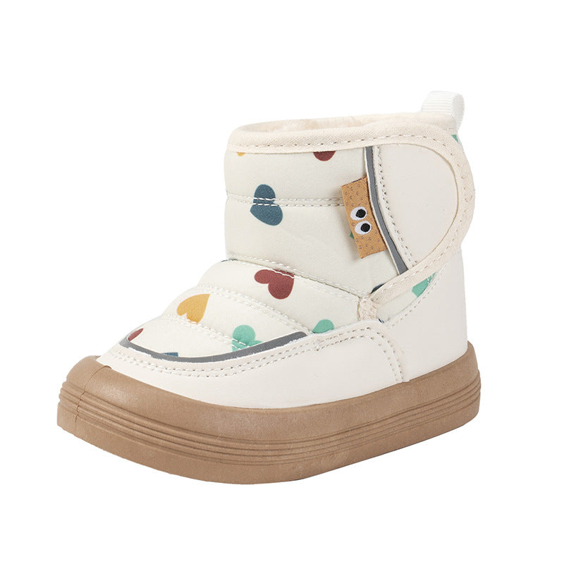 Kids white ankle boots with colorful animal print, cozy fleece lining, tan rubber sole