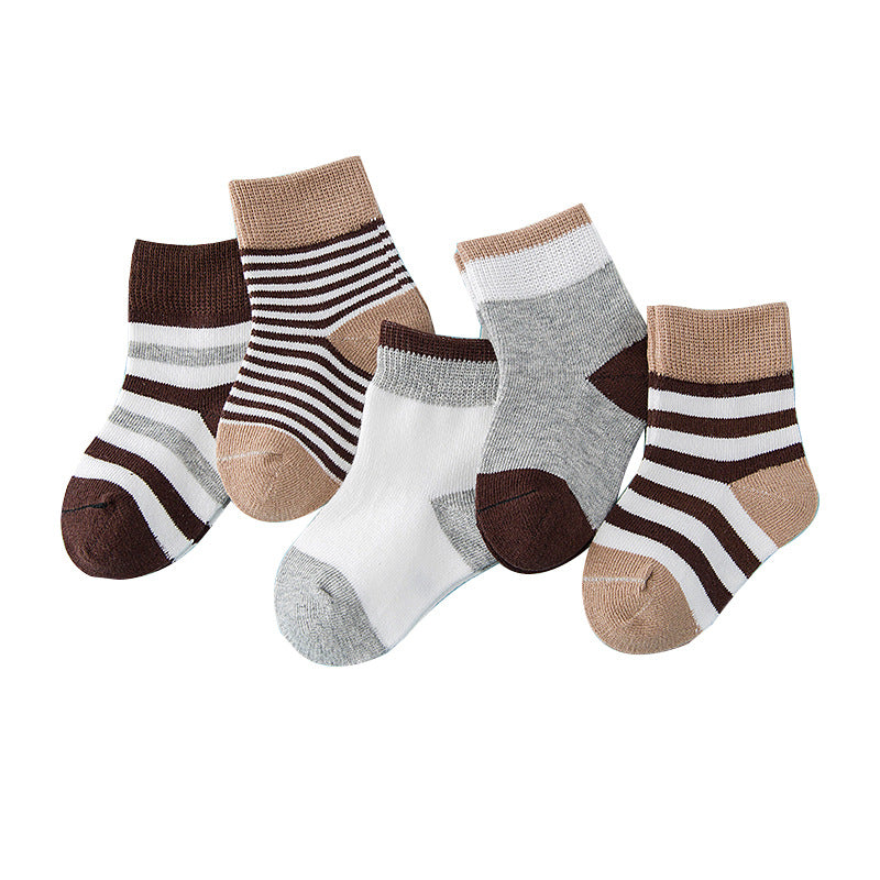 Children's winter cotton striped socks in brown, white, and gray with ribbed cuffs