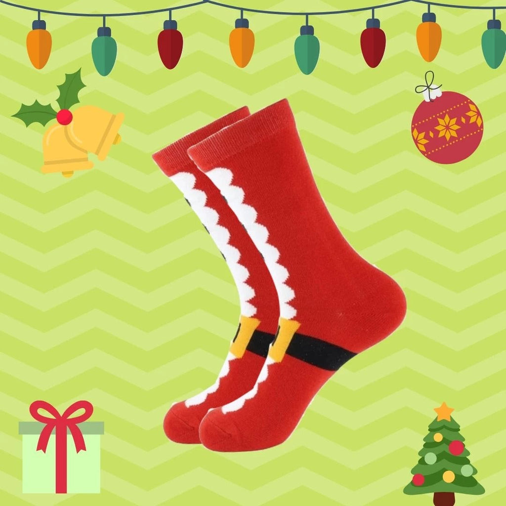 Red Santa socks, single side view; white fur trim and black-and-yellow buckle at cuff