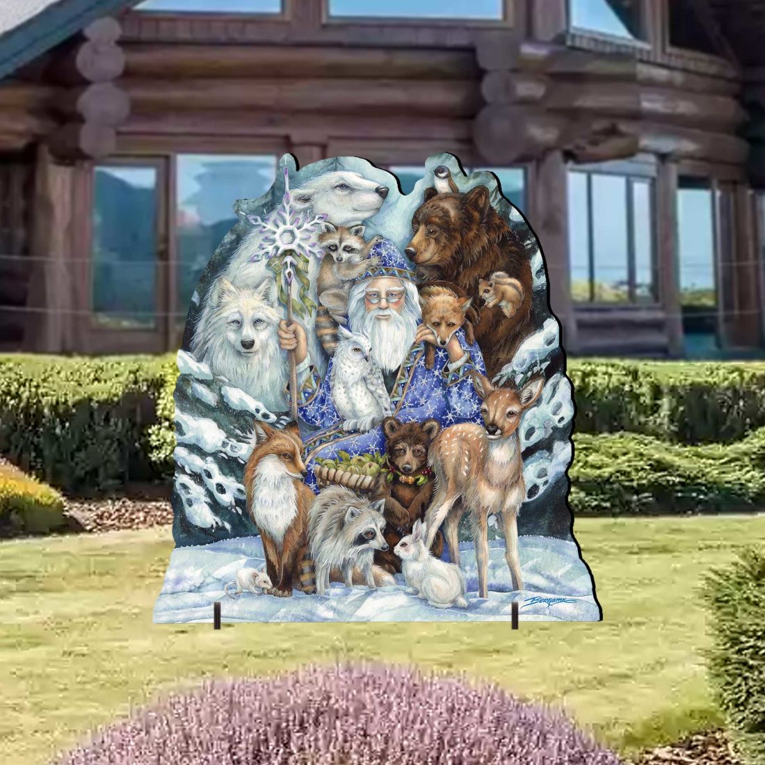 Outdoor yard sign featuring Father Winter with wolves, bears, and deer illustration