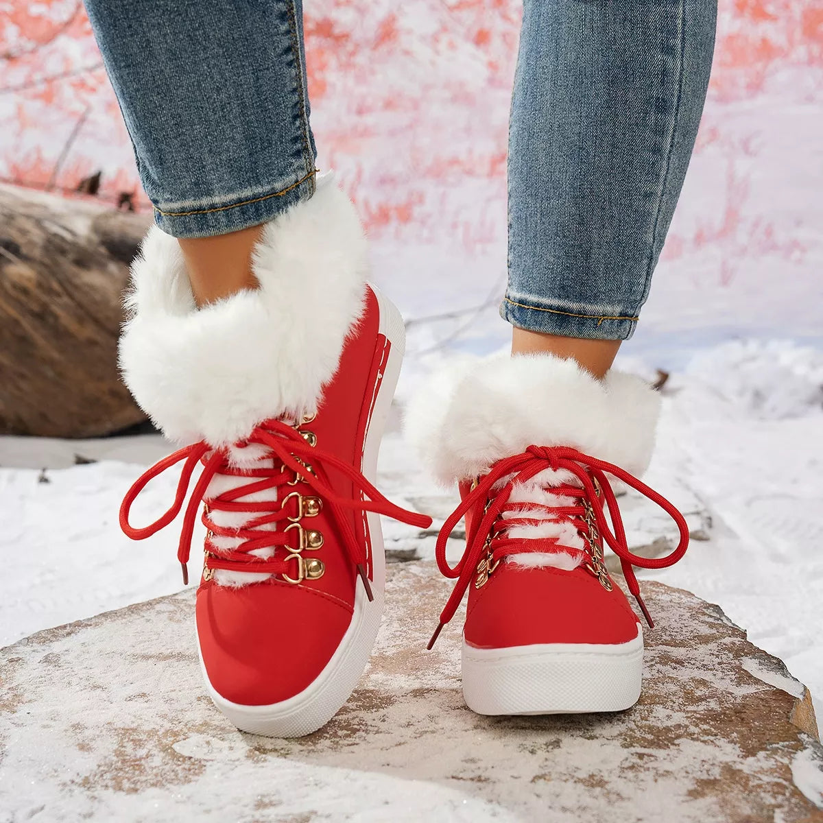 Red lace-up ankle boots with white fuzzy collar and gold lace eyelets