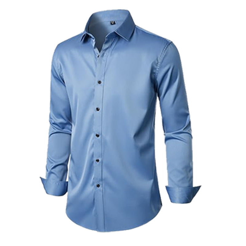Light blue long-sleeve solid dress shirt with button-up front and pointed collar