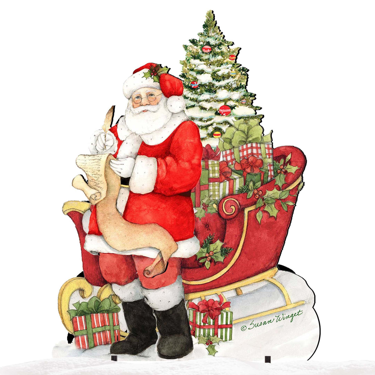 Christmas Santa yard sign with Santa, small tree, and wrapped presents on white base