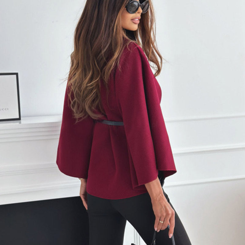 Women’s wine red batwing sleeve cloak top with stand collar and waist belt