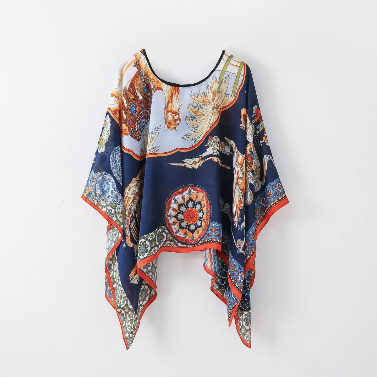 Women's ornate floral pullover shawl with batwing sleeves, navy blue and orange motifs