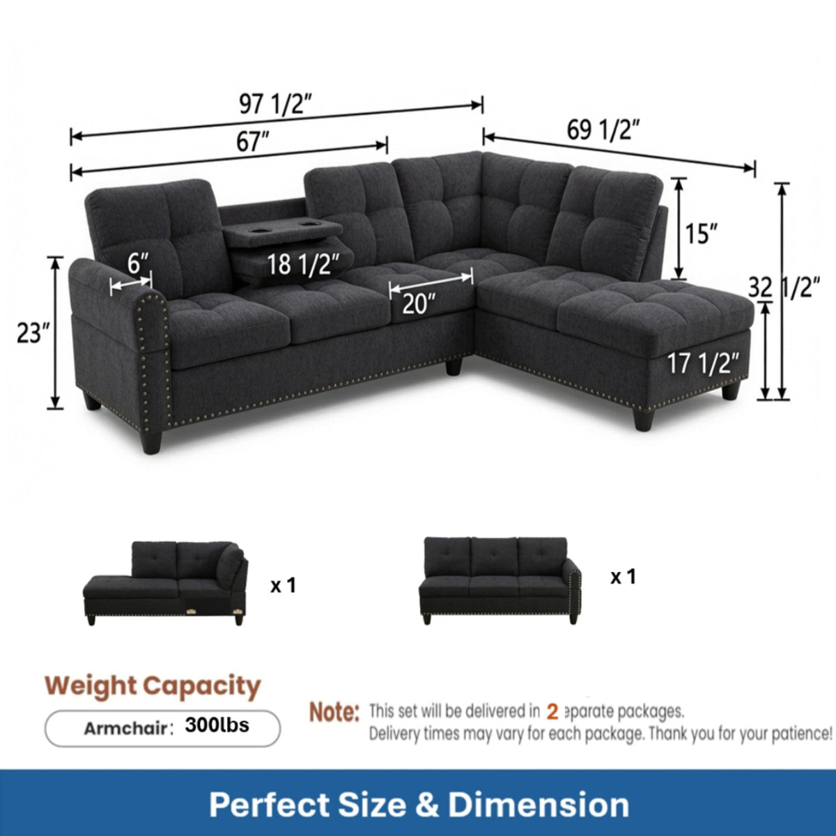 Dark gray L-shaped sectional sofa with right chaise and tufted back cushions; studded trim