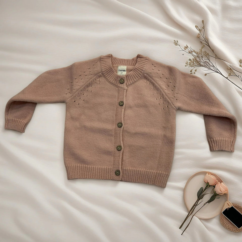 Kids' organic cotton cardigan in taupe brown, button-front knit sweater