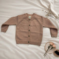 Kids' organic cotton cardigan in taupe brown, button-front knit sweater