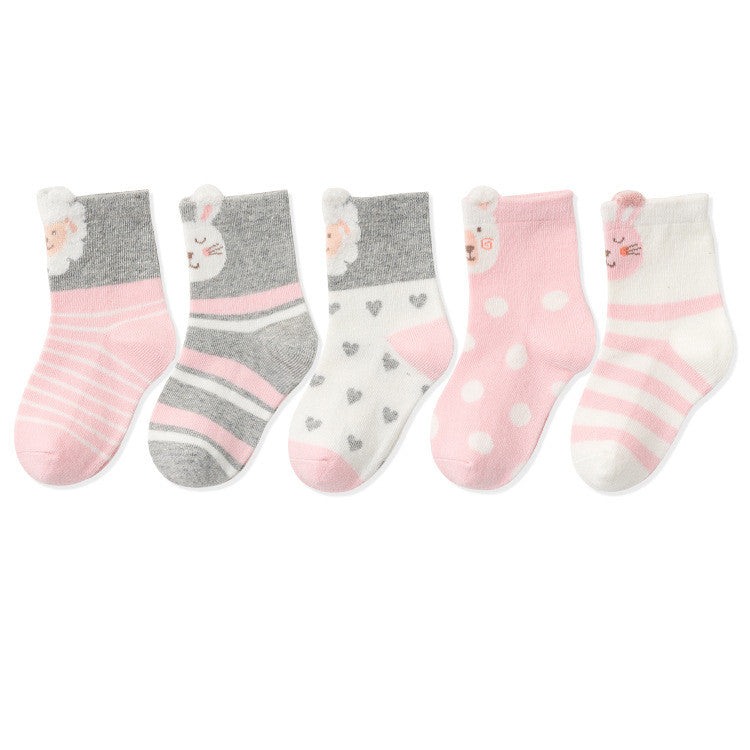 Children’s tube socks in pink and gray with bunny characters and striped details