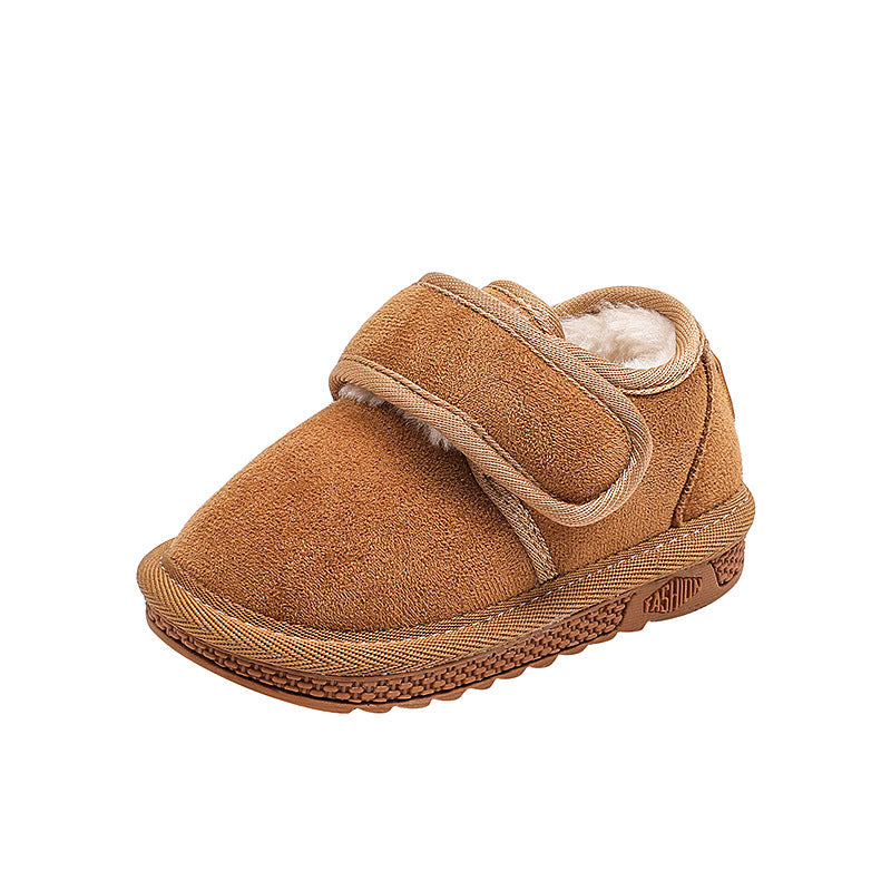 Khaki fleece-lined cotton boots with hook-and-loop strap and textured stitched sole