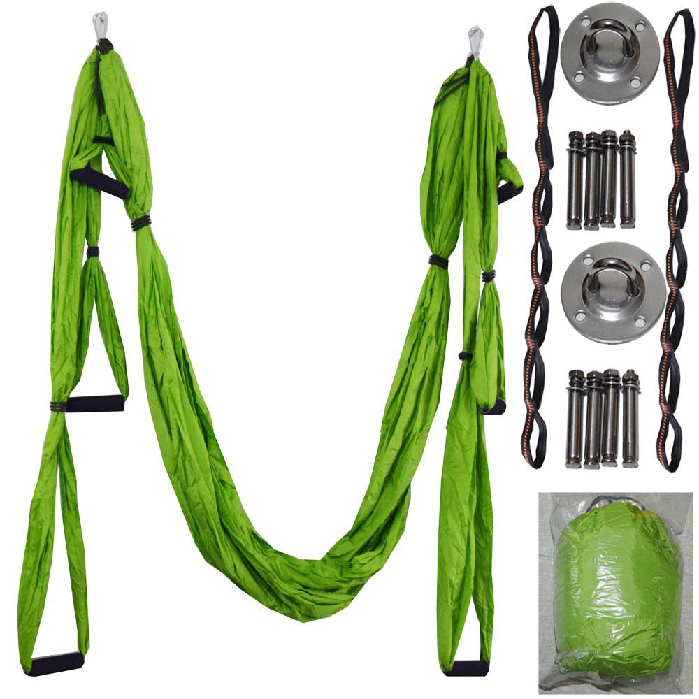 Lime green aerial yoga hammock swing with hanging straps and included hardware
