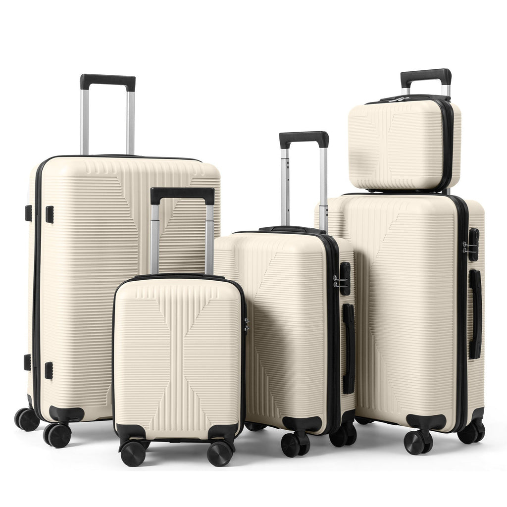 White 5-piece lightweight luggage set with lock, four-wheel suitcases and telescoping handles