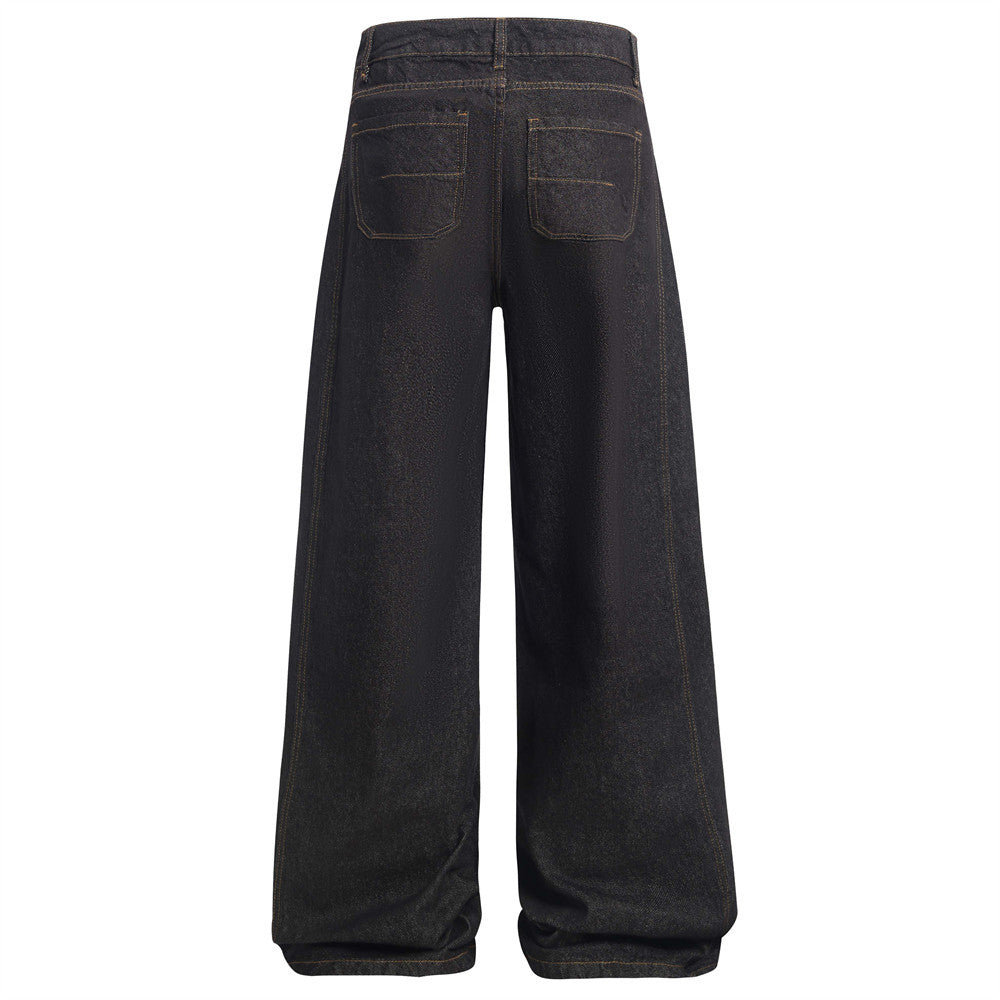 Men's black wide-leg denim long pants, back view with wide legs and seam detailing