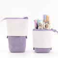 Two purple and white zipper pencil case pen holders with small dangling drawstring tabs