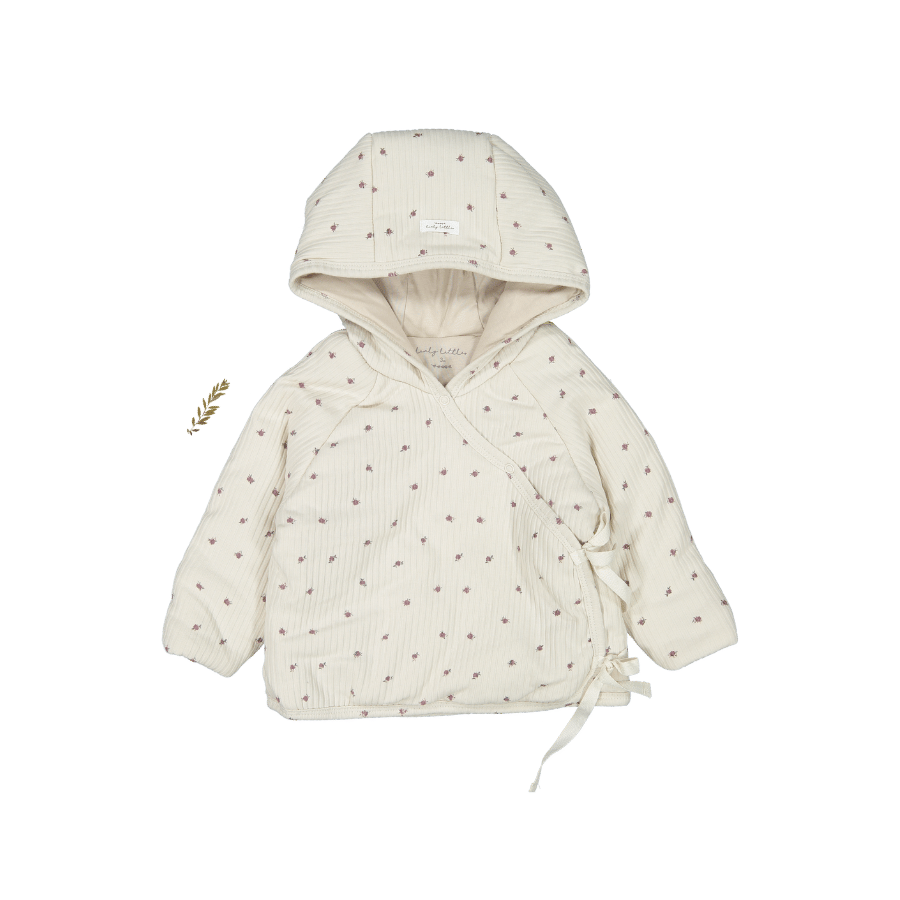 Baby hooded jacket in light pink with tiny all-over dot pattern and drawstring hem