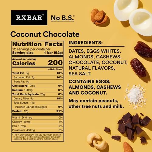 Coconut Chocolate protein bar wrapper with Nutrition Facts and ingredients