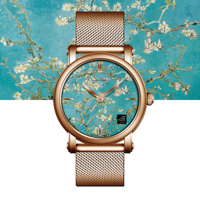Women's quartz watch front view with rose gold case, teal floral dial, and gold mesh band.