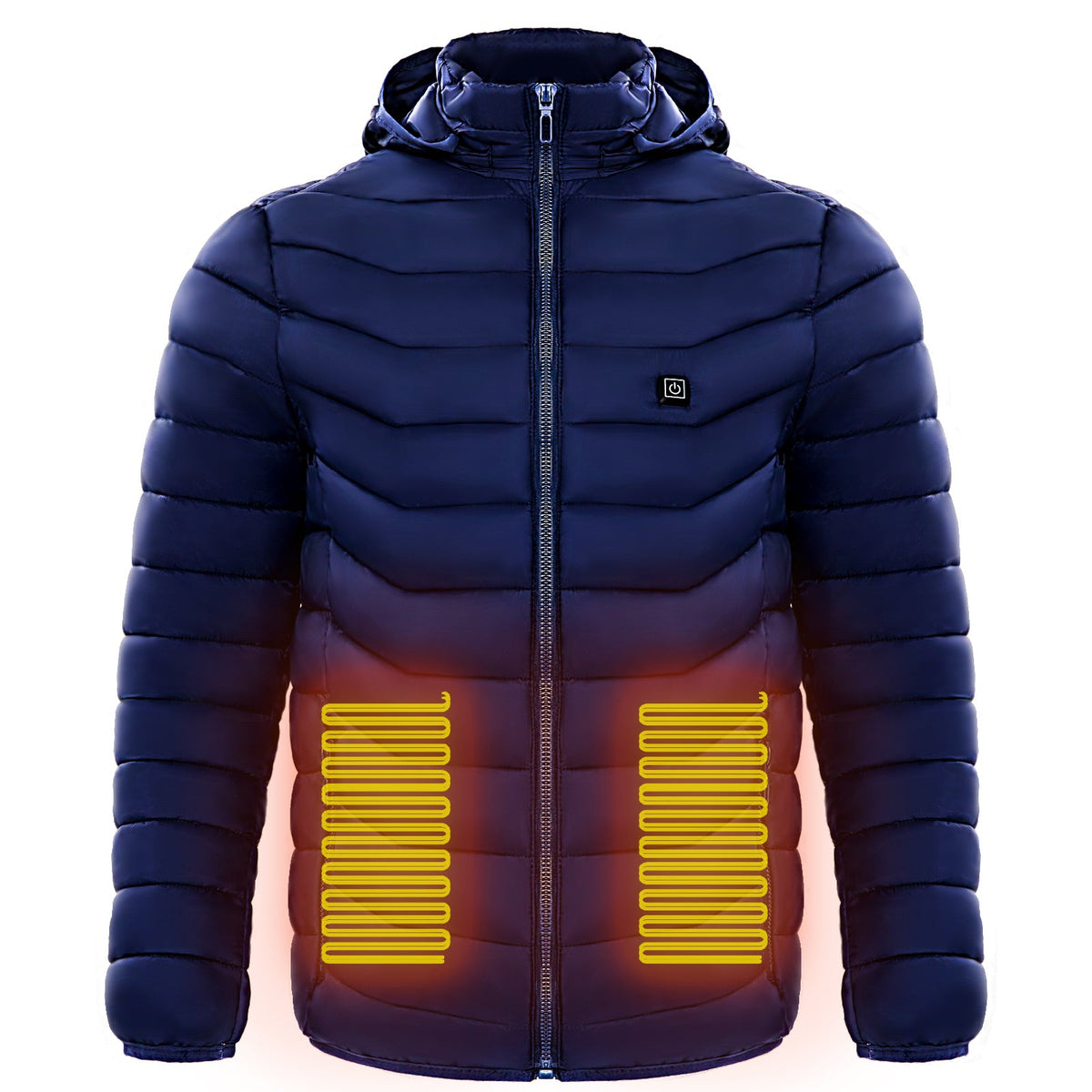 Men heated puffer jacket in navy with hood and front zip, heating zones glow