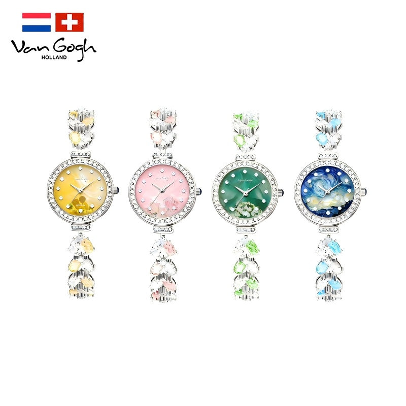 Decorative wristwatch set with four floral dials: yellow, pink, green, and blue