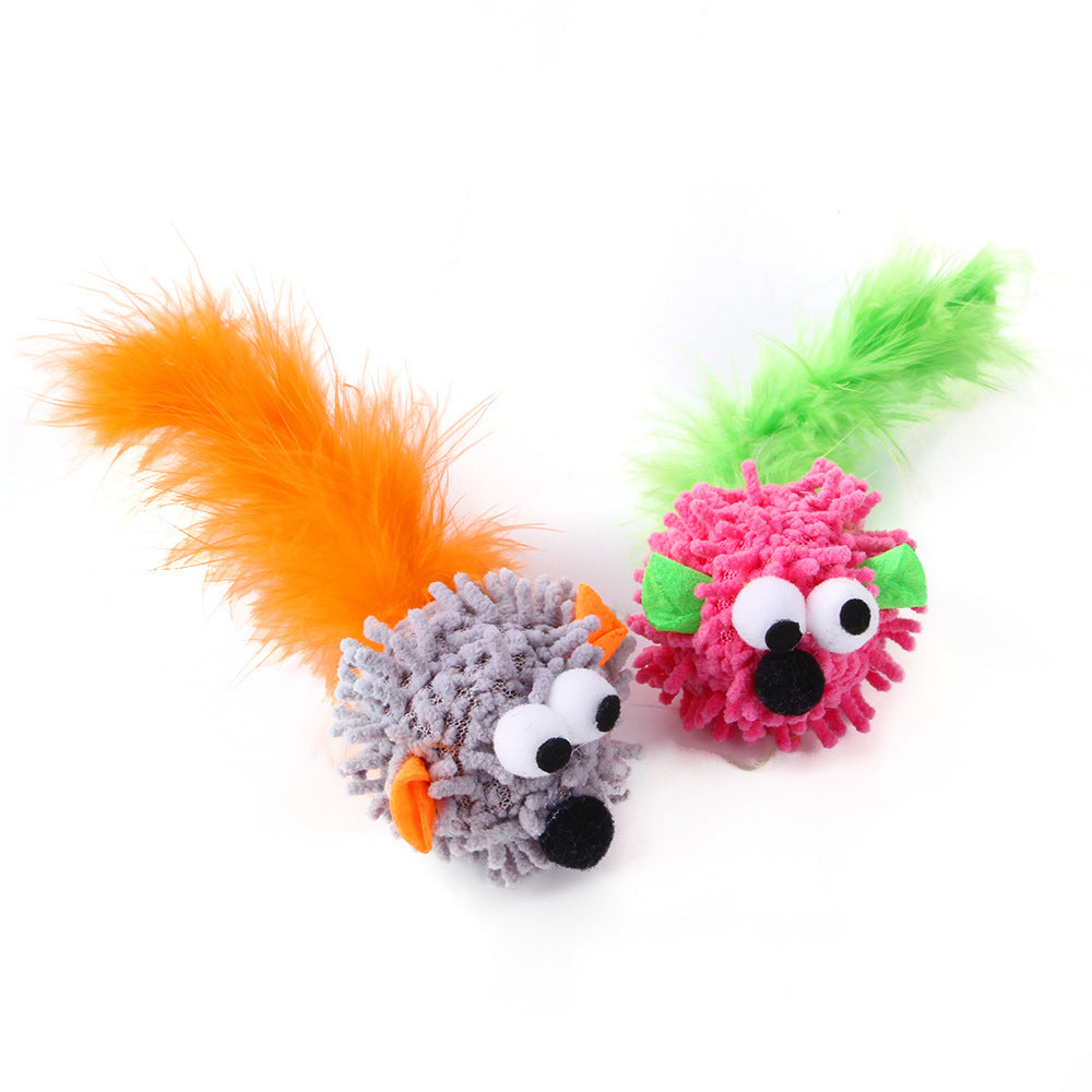 Two plush cat toy mice with fuzzy tails in orange and green with gray bodies