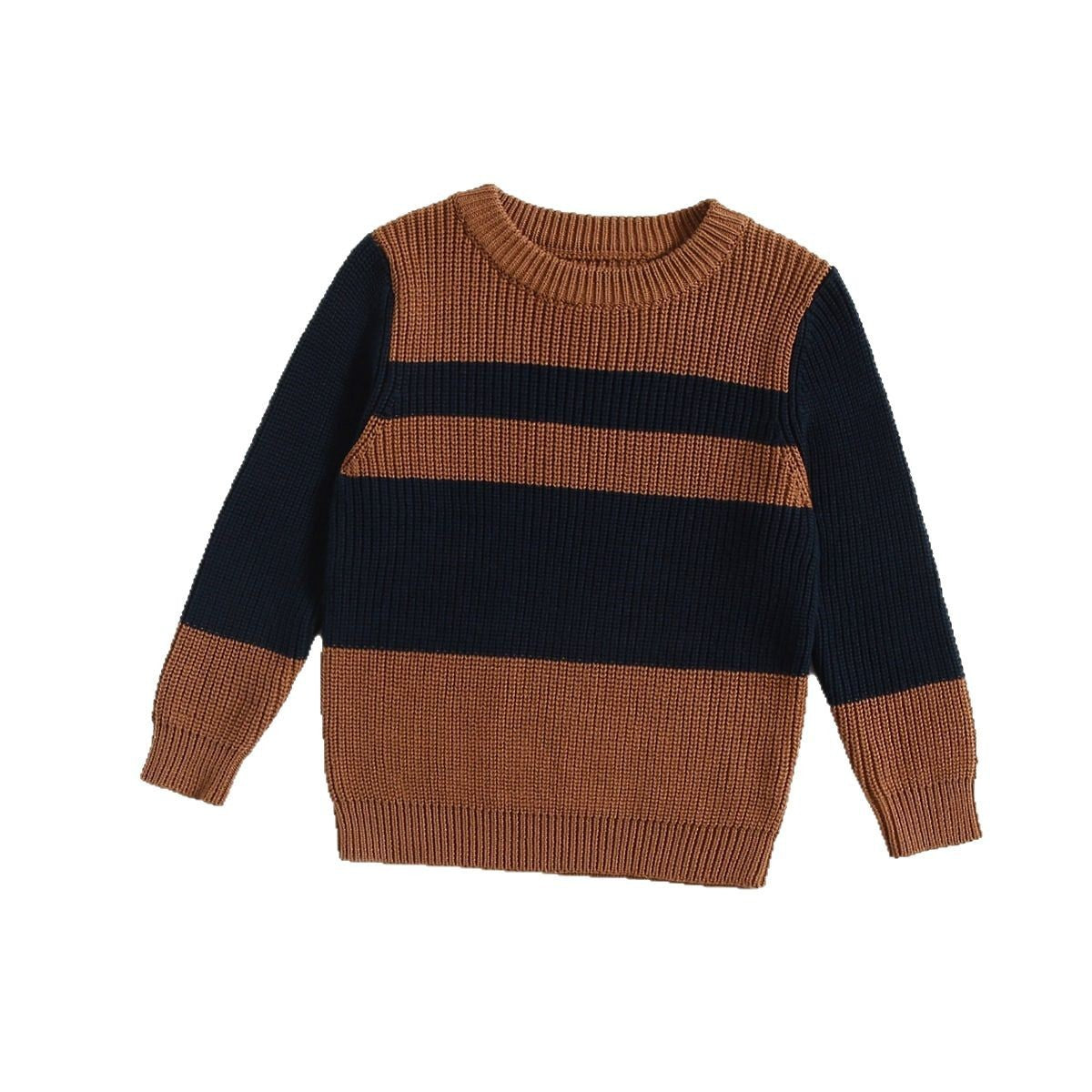 Chunky knit striped crew-neck pullover, long sleeves in navy with brown bands