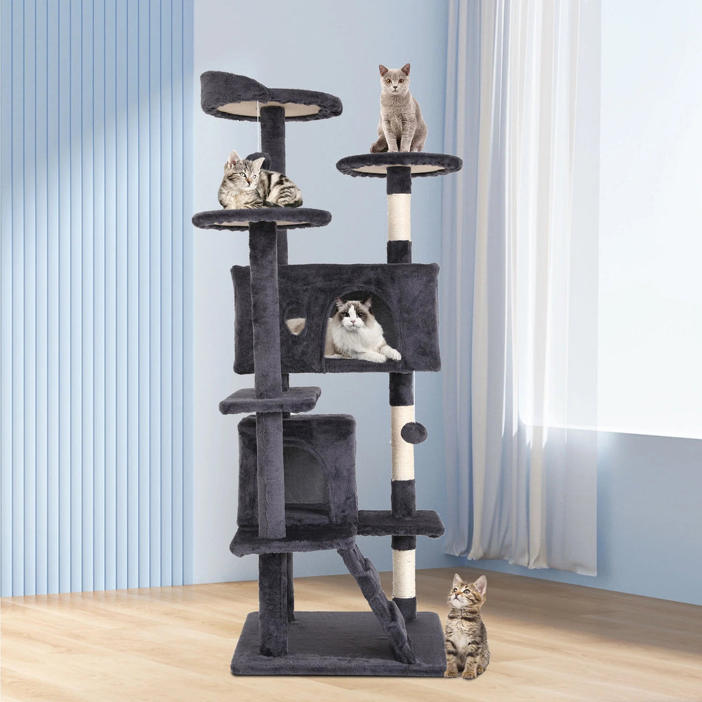Ashy gray cat tree with two condos, multiple perches, sisal posts and a ramp
