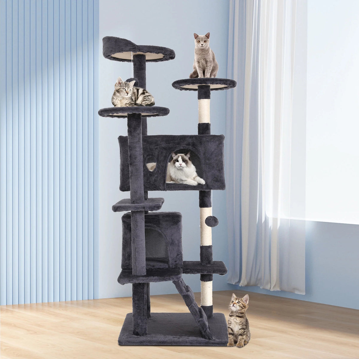 Ashy gray cat tree with two condos, multiple perches, sisal posts and a ramp