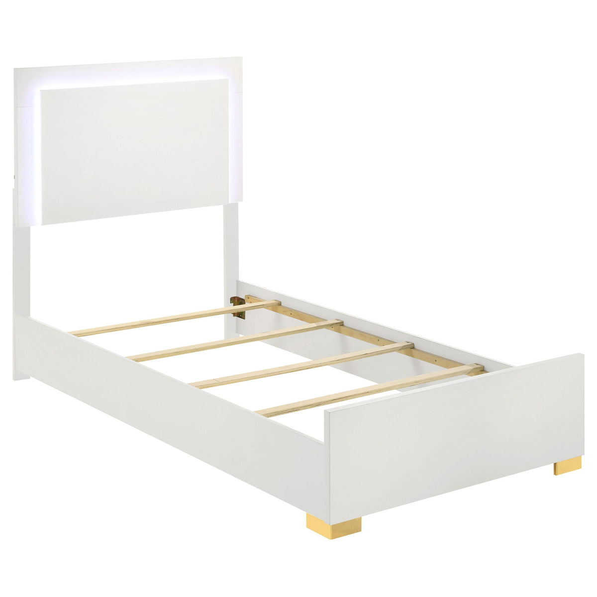 White twin bed frame with built-in slat support and panel headboard