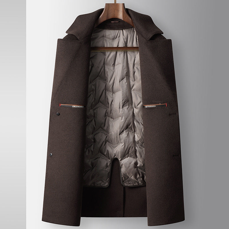 Men's mid-length wool coat with detachable down inner, dark brown, notch lapels