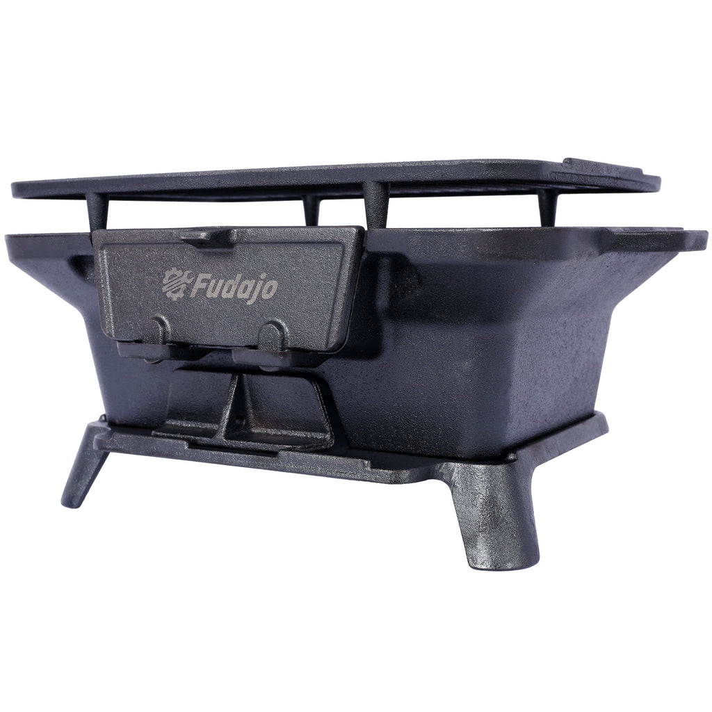 Oval tabletop cast iron grill with rear open top frame and front Fudajo control panel