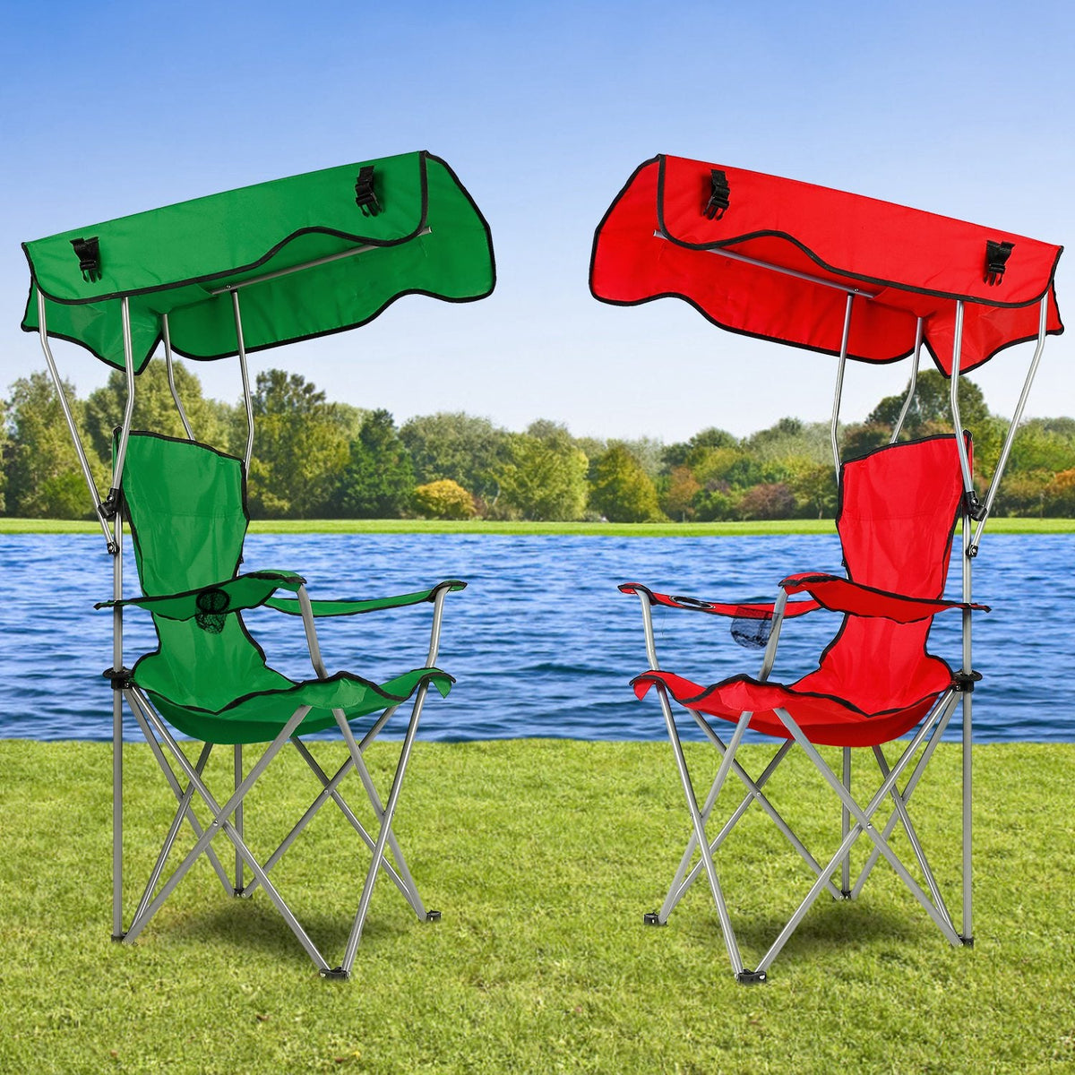 Set of two foldable beach canopy chairs: green and red sunshades with padded seats