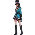 Black witch hat with purple striped band and gold emblem badge at center front