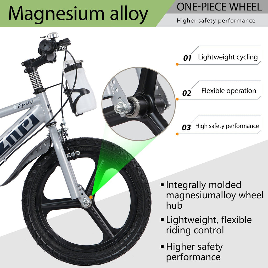 Front wheel and fork of 16-inch kids bike, white alloy frame, black tire, training style.