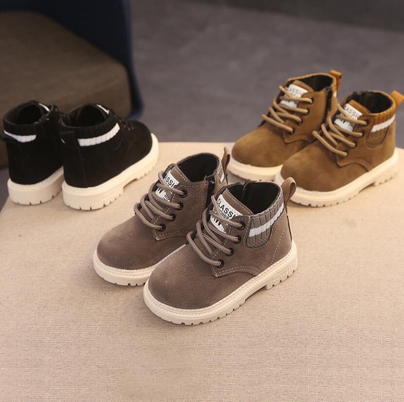 Children's Martin boots set: black, grey, and brown lace-up ankle boots with white soles