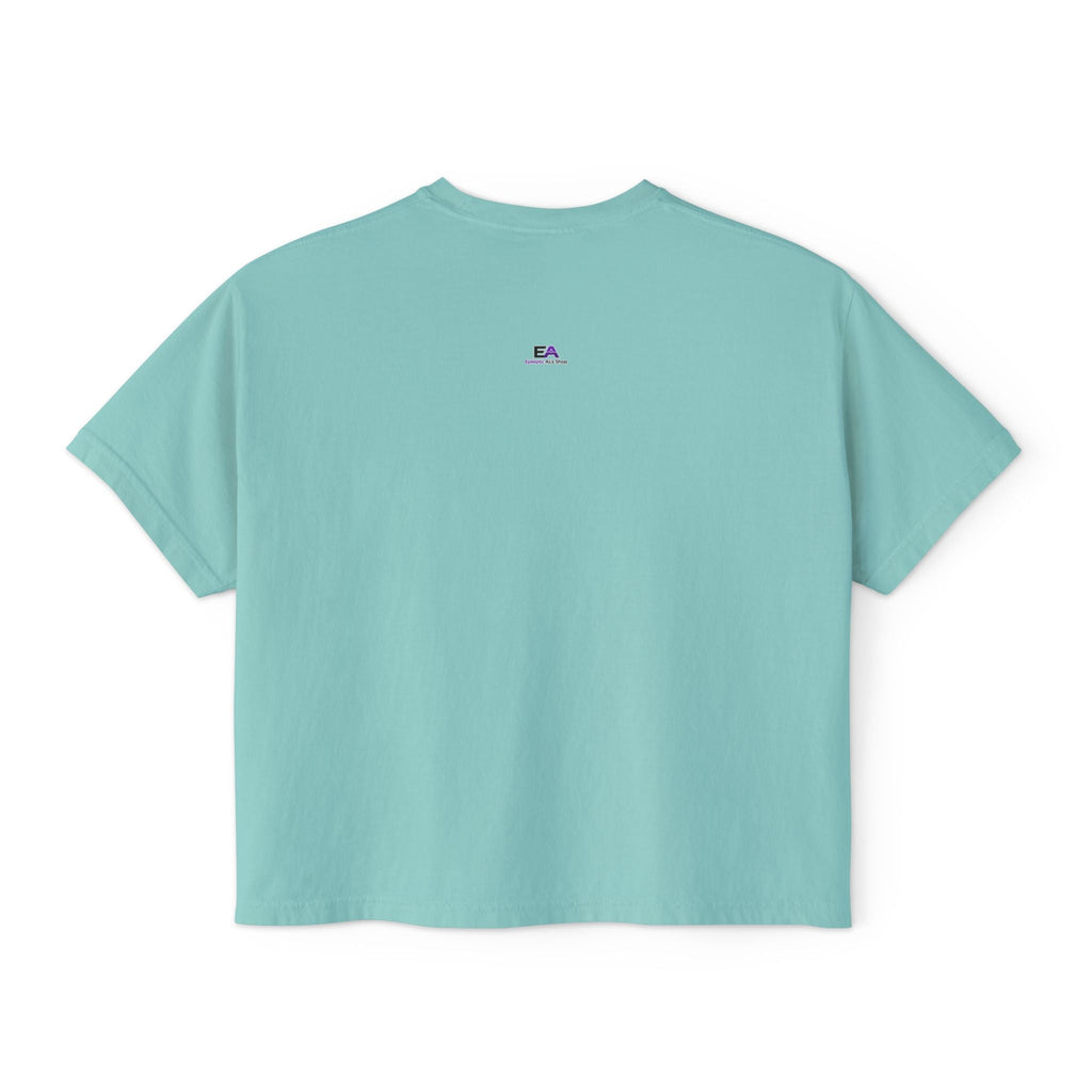 Boxy cropped cat tee, mint blue, crew neck, short sleeves, small EA logo at chest