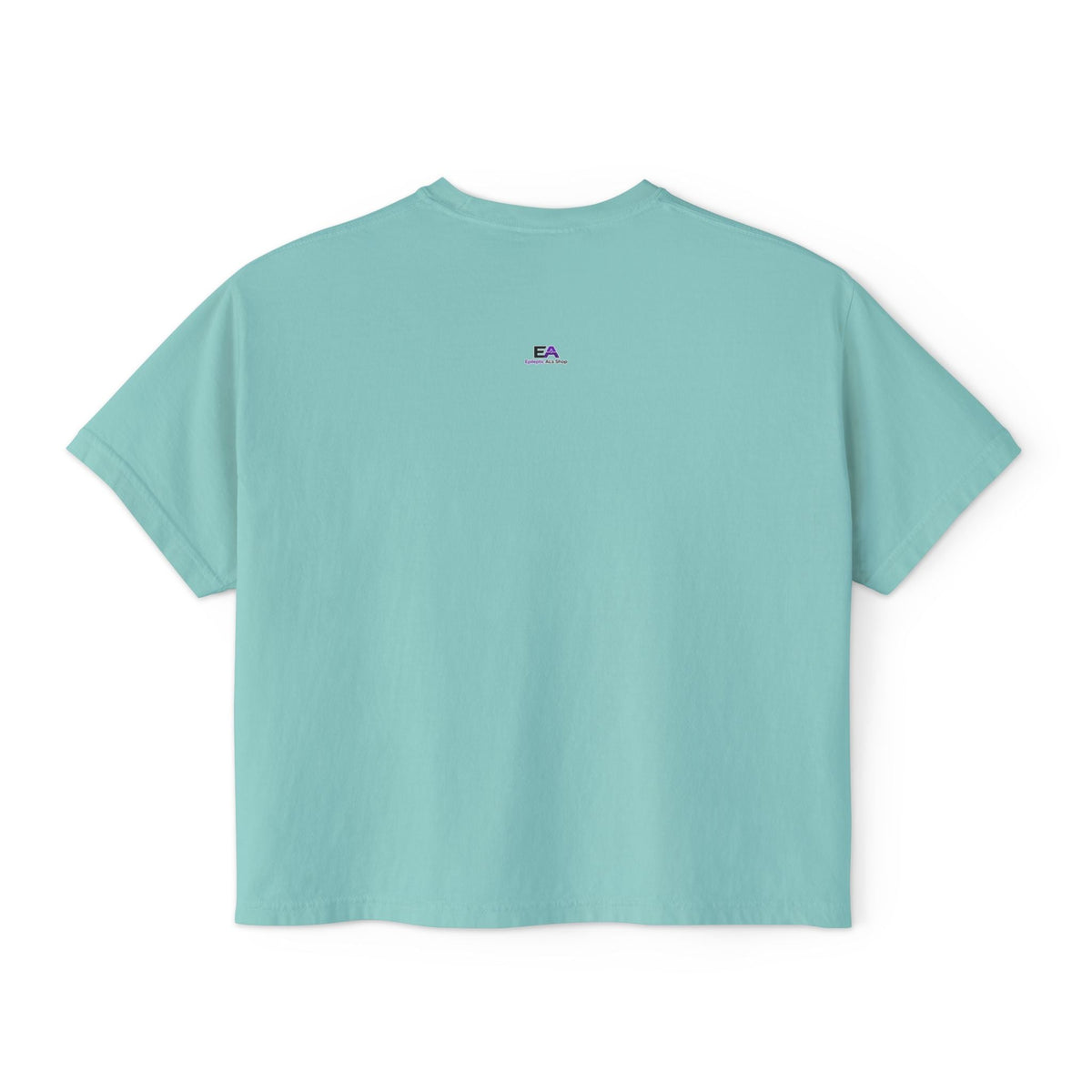 Boxy cropped cat tee, mint blue, crew neck, short sleeves, small EA logo at chest