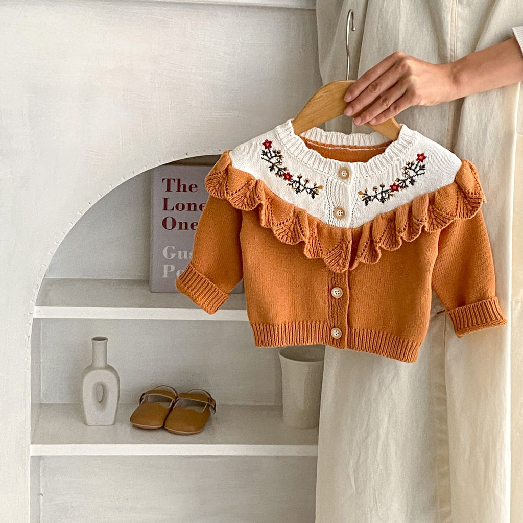 Camel knit cardigan with ruffled collar, floral embroidery on yoke, button front, long sleeves