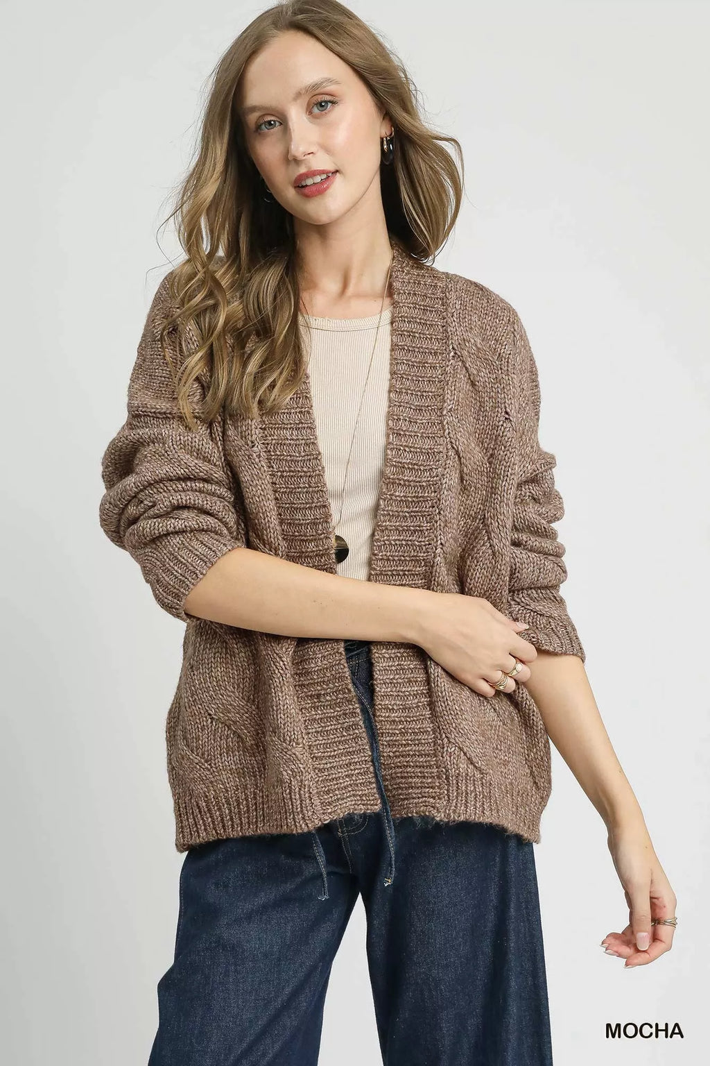 Mocha chunky cable-knit open-front cardigan, long sleeves and ribbed hem detail
