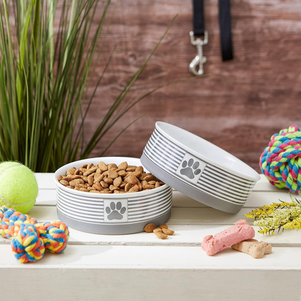 Pair of striped ceramic pet bowls, one filled with kibble and the other tilted