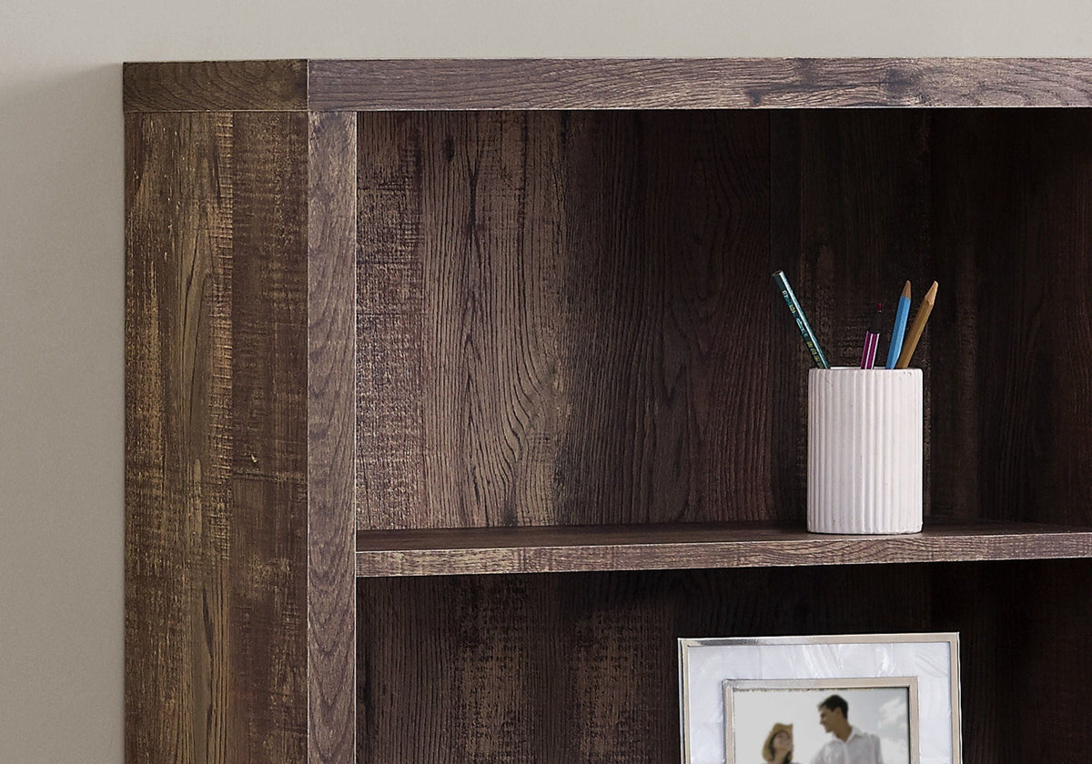 5-tier office bookshelf corner with dark woodgrain shelves and pen cup