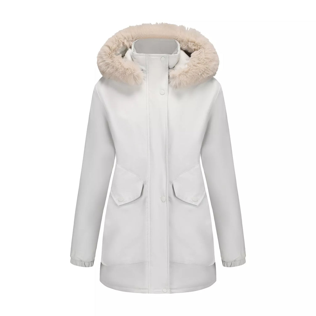 White hooded winter parka with faux-fur trim, button front, and dual chest pockets